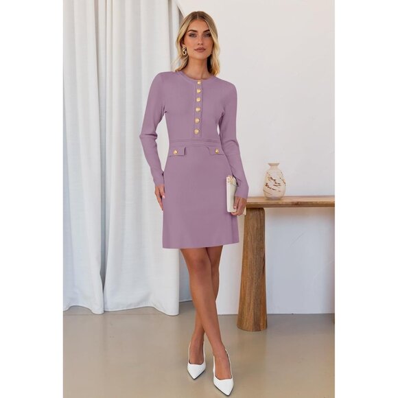 Fall 2025 Long Sleeve Bodycon Taro Sweater Dress for Women Winter Formal Mini - Picture 2 of 6